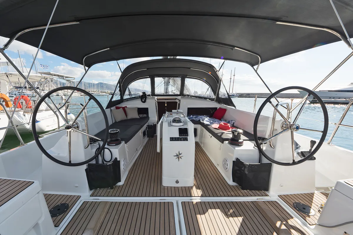 Cockpit of Dory, a Jeanneau Sun Odyssey 440 sailboat at Kontokali, Greece