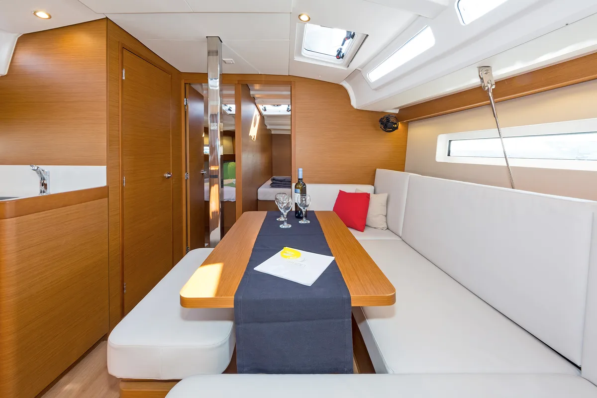 Salon of Dory, a Jeanneau Sun Odyssey 440 sailboat at Kontokali, Greece