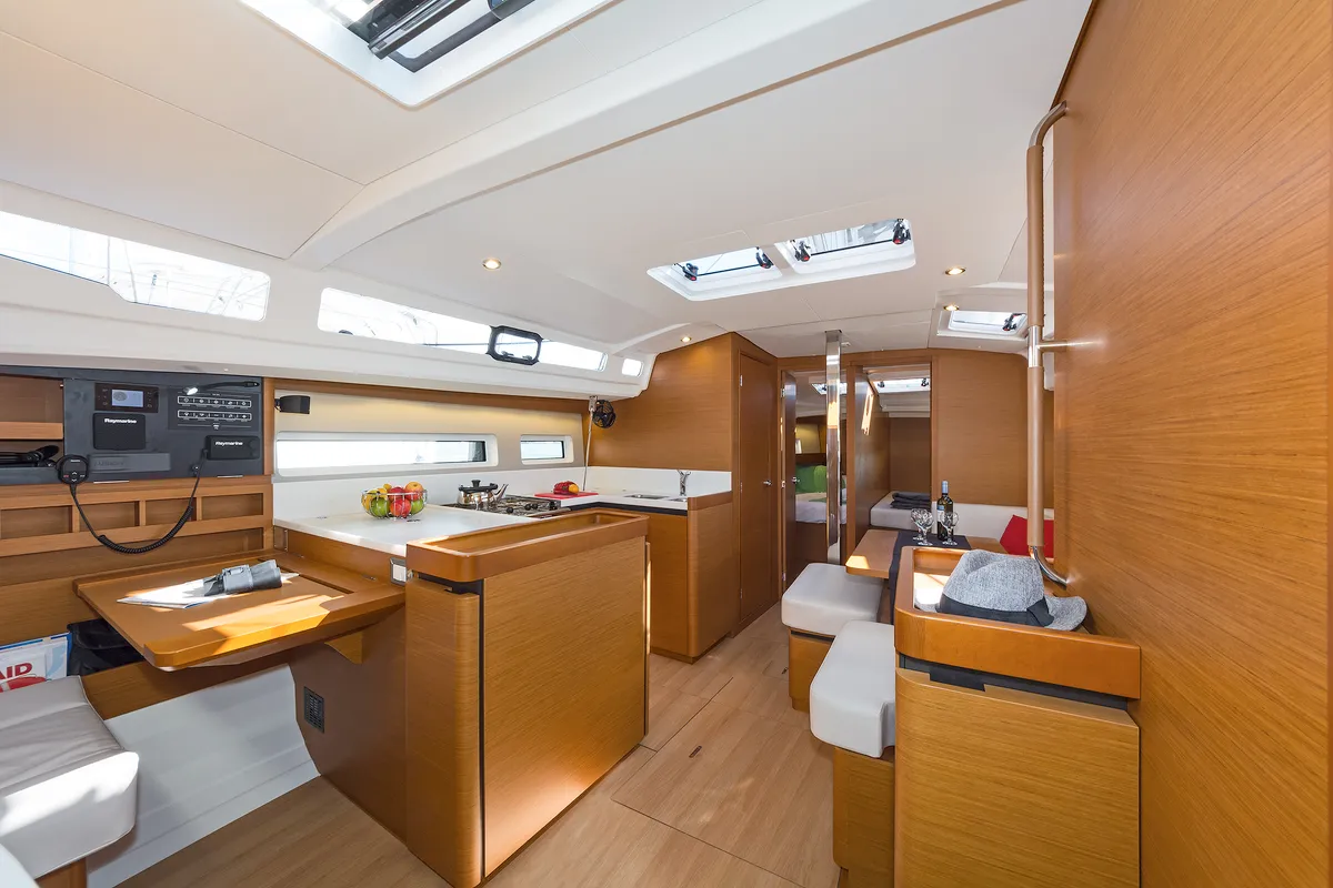 Salon of Dory, a Jeanneau Sun Odyssey 440 sailboat at Kontokali, Greece