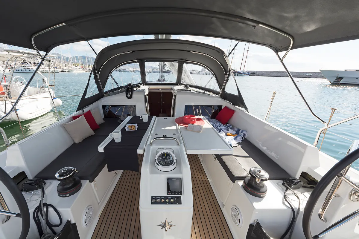 Cockpit of Dory, a Jeanneau Sun Odyssey 440 sailboat at Kontokali, Greece