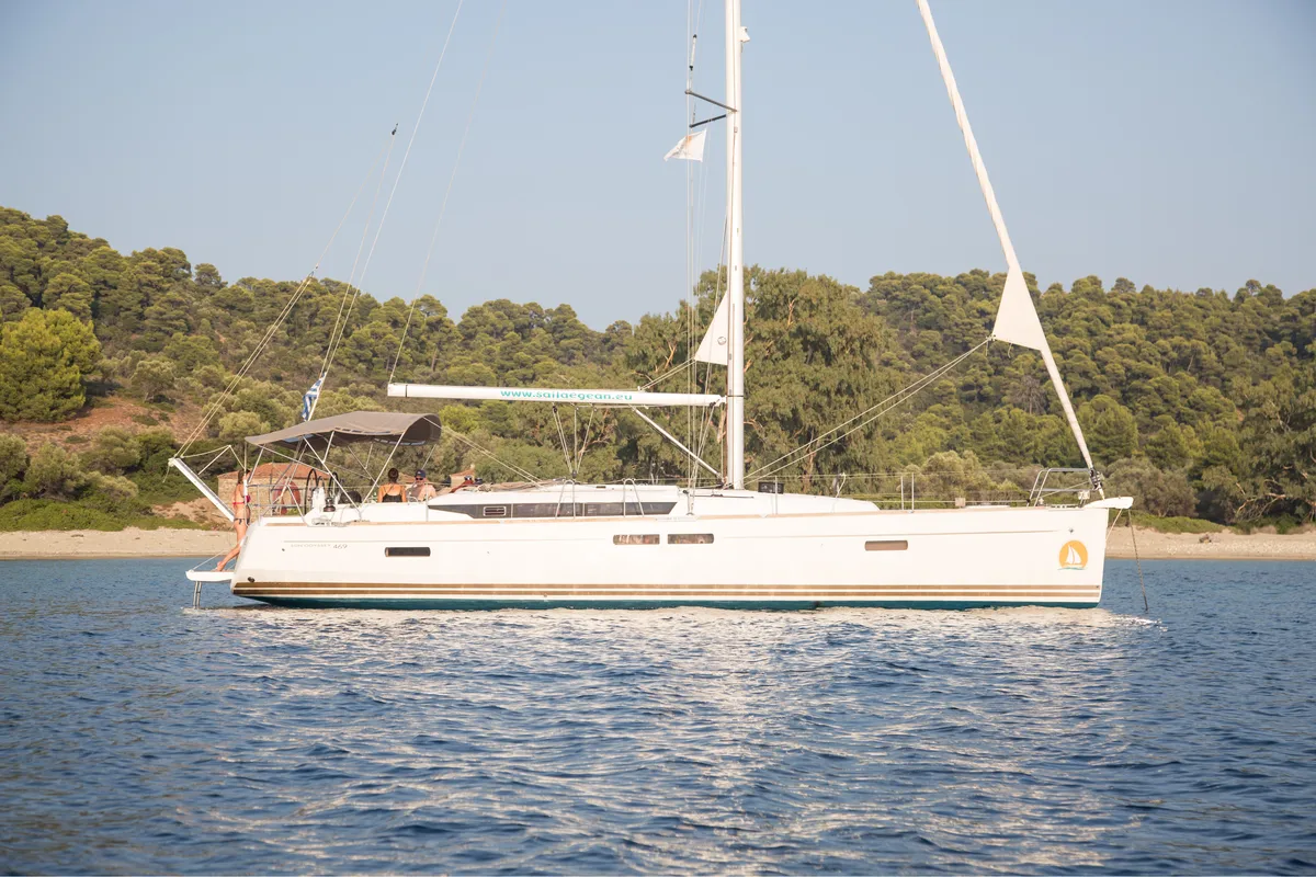Exterior view of Rodi, a Jeanneau Sun Odyssey 469 sailboat at Volos Municipality, Greece