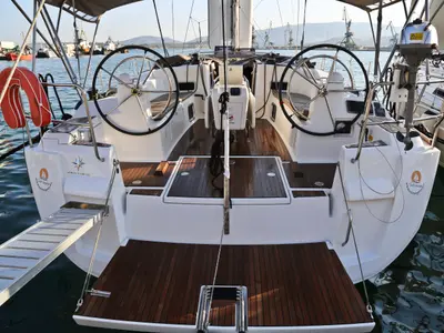 Cockpit of Rodi, a Jeanneau Sun Odyssey 469 sailboat at Volos Municipality, Greece