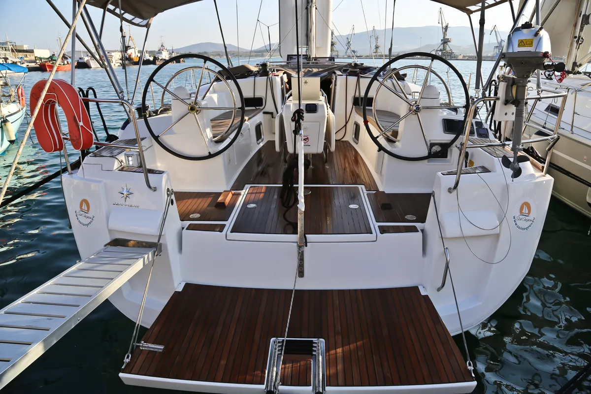 Cockpit of Rodi, a Jeanneau Sun Odyssey 469 sailboat at Volos Municipality, Greece