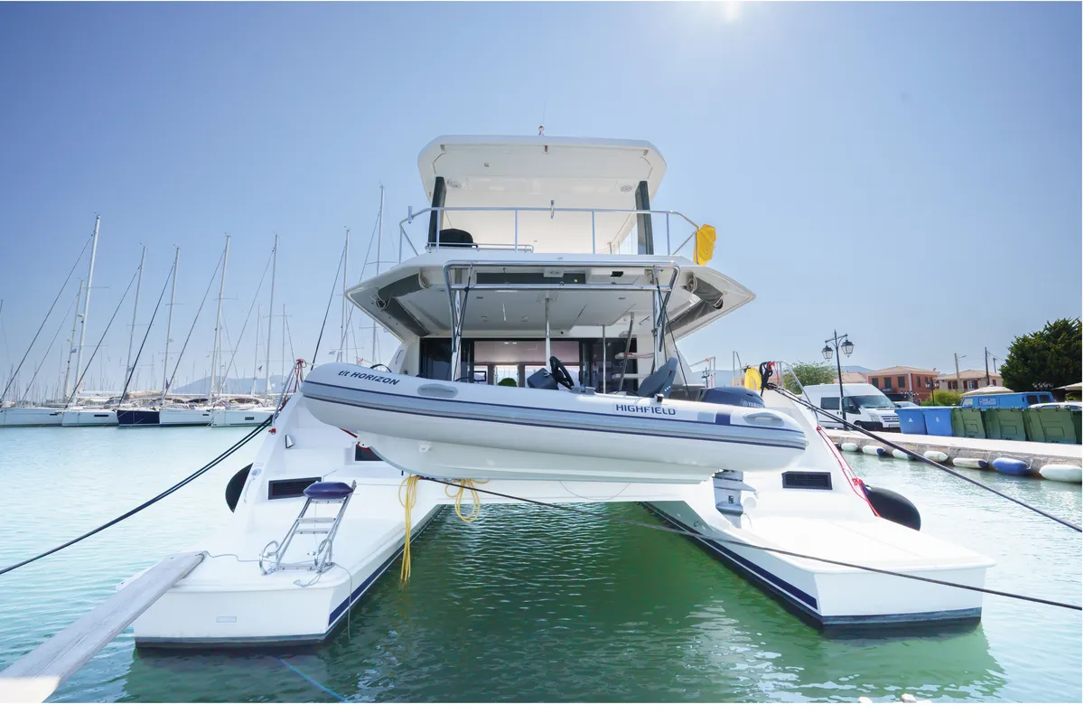 Exterior view of Horizon, a Leopard 43 PC catamaran at Lefkada, Greece