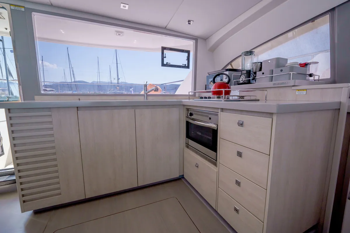 Galley of Horizon, a Leopard 43 PC catamaran at Lefkada, Greece