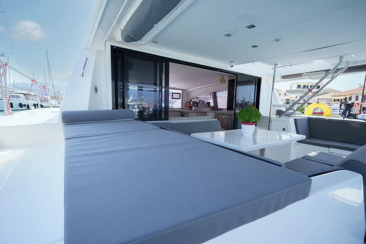 Deck of Horizon, a Leopard 43 PC catamaran at Lefkada, Greece