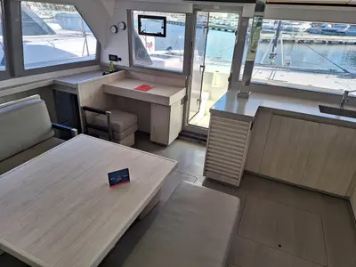 Salon of Prince Laurence, a Leopard 45 catamaran at Tonnarella, Italy