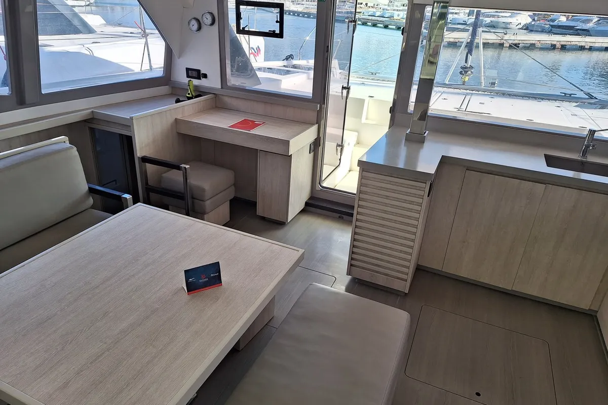Salon of Prince Laurence, a Leopard 45 catamaran at Tonnarella, Italy
