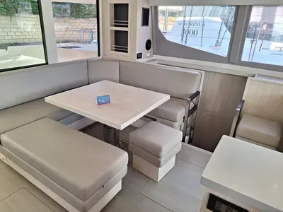 Salon of Prince Laurence, a Leopard 45 catamaran at Tonnarella, Italy