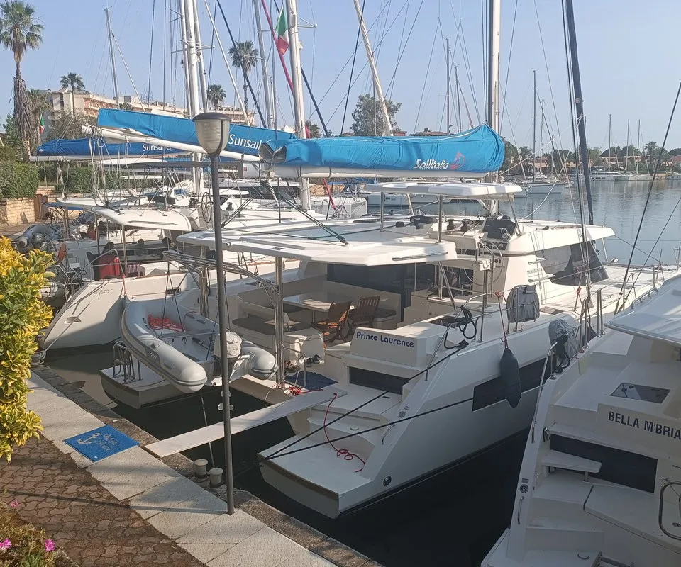 Exterior view of Prince Laurence, a Leopard 45 catamaran at Tonnarella, Italy