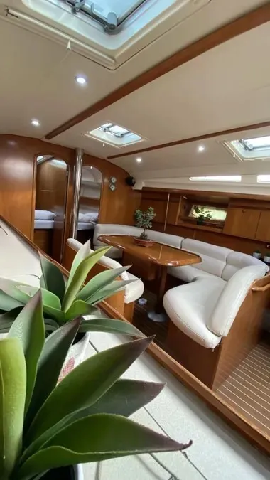 Salon of Tattoo, a Jeanneau Sun Odyssey 45 sailboat at Sithonia Municipal Unit, Greece