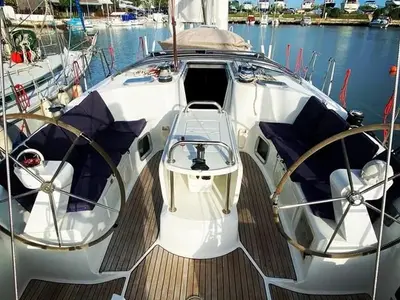 Cockpit of Tattoo, a Jeanneau Sun Odyssey 45 sailboat at Sithonia Municipal Unit, Greece