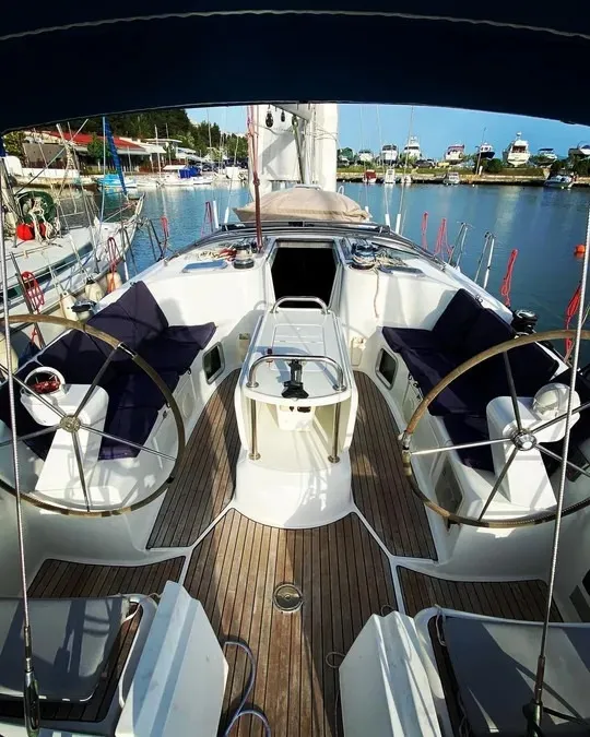 Cockpit of Tattoo, a Jeanneau Sun Odyssey 45 sailboat at Sithonia Municipal Unit, Greece