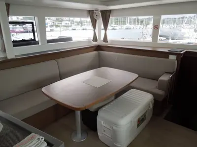 Salon of Poivre, a Lagoon 450 S catamaran at Roche Caiman, Seychelles