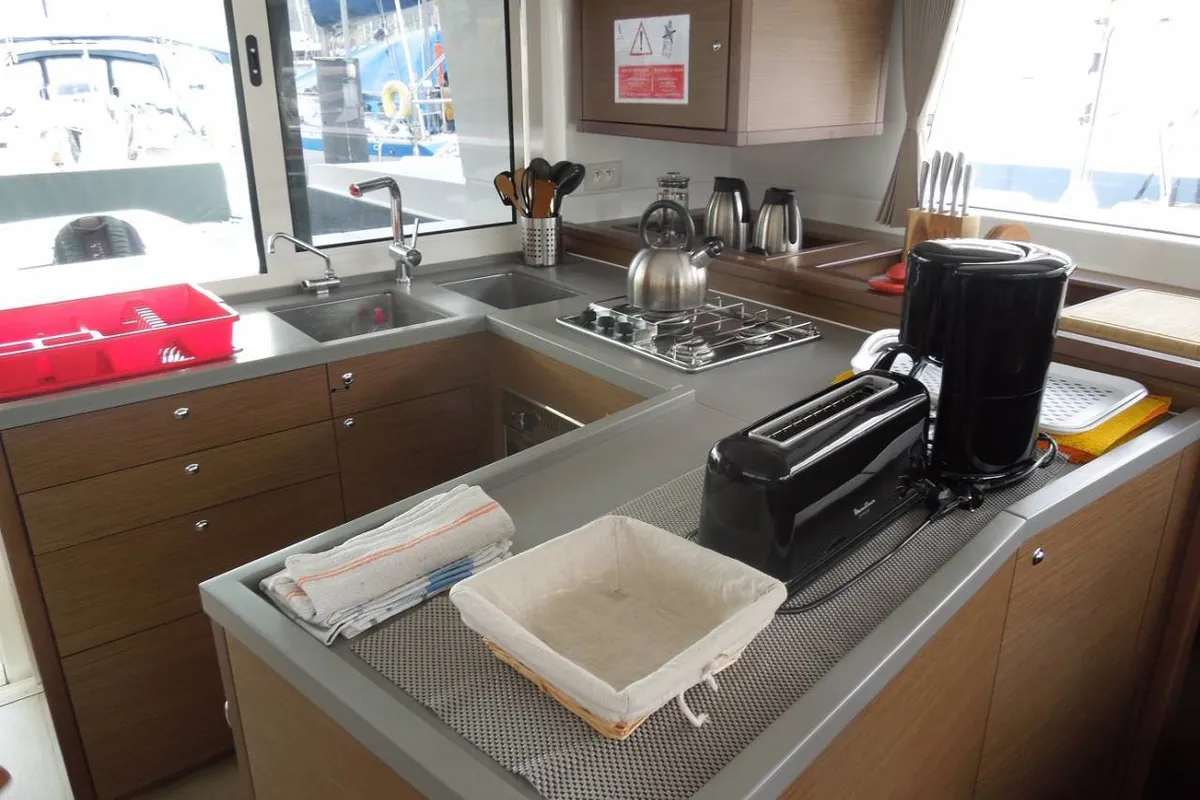 Galley of Poivre, a Lagoon 450 S catamaran at Roche Caiman, Seychelles