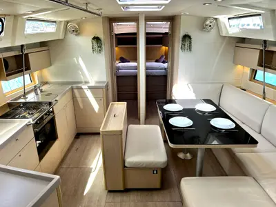 Salon of Capriccio, a Beneteau Oceanis 46.1 sailboat at Kontokali, Greece