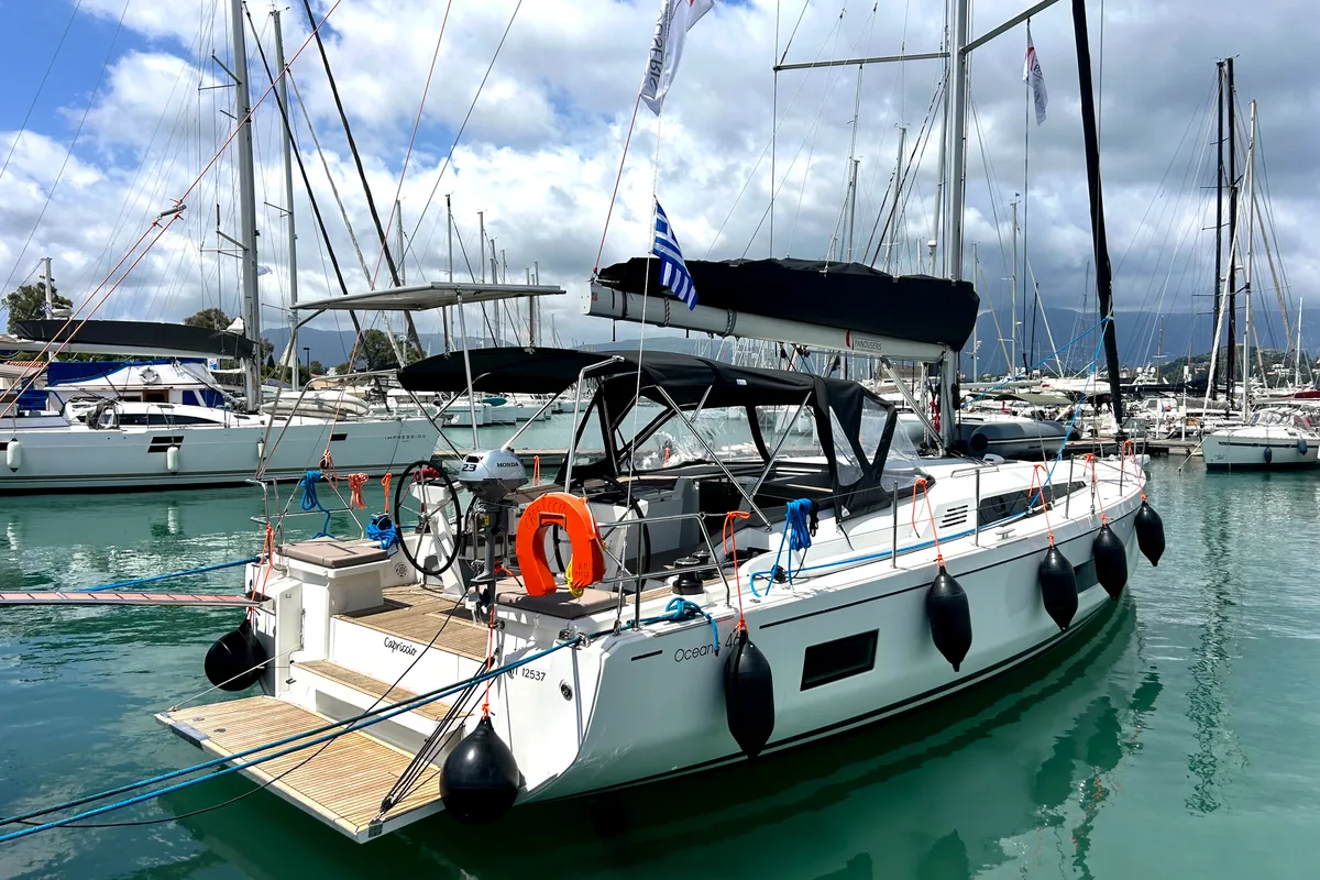 Exterior view of Capriccio, a Beneteau Oceanis 46.1 sailboat at Kontokali, Greece