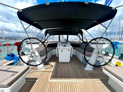 Cockpit of Capriccio, a Beneteau Oceanis 46.1 sailboat at Kontokali, Greece