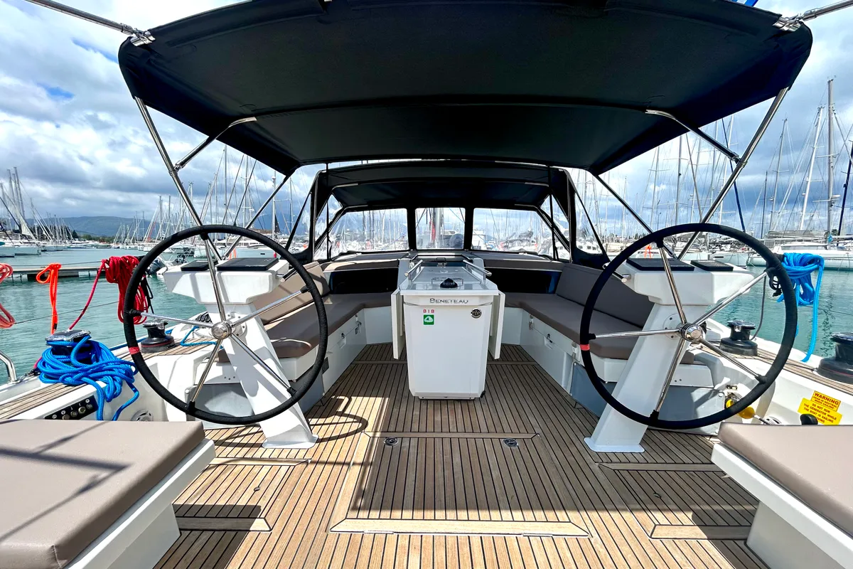 Cockpit of Capriccio, a Beneteau Oceanis 46.1 sailboat at Kontokali, Greece