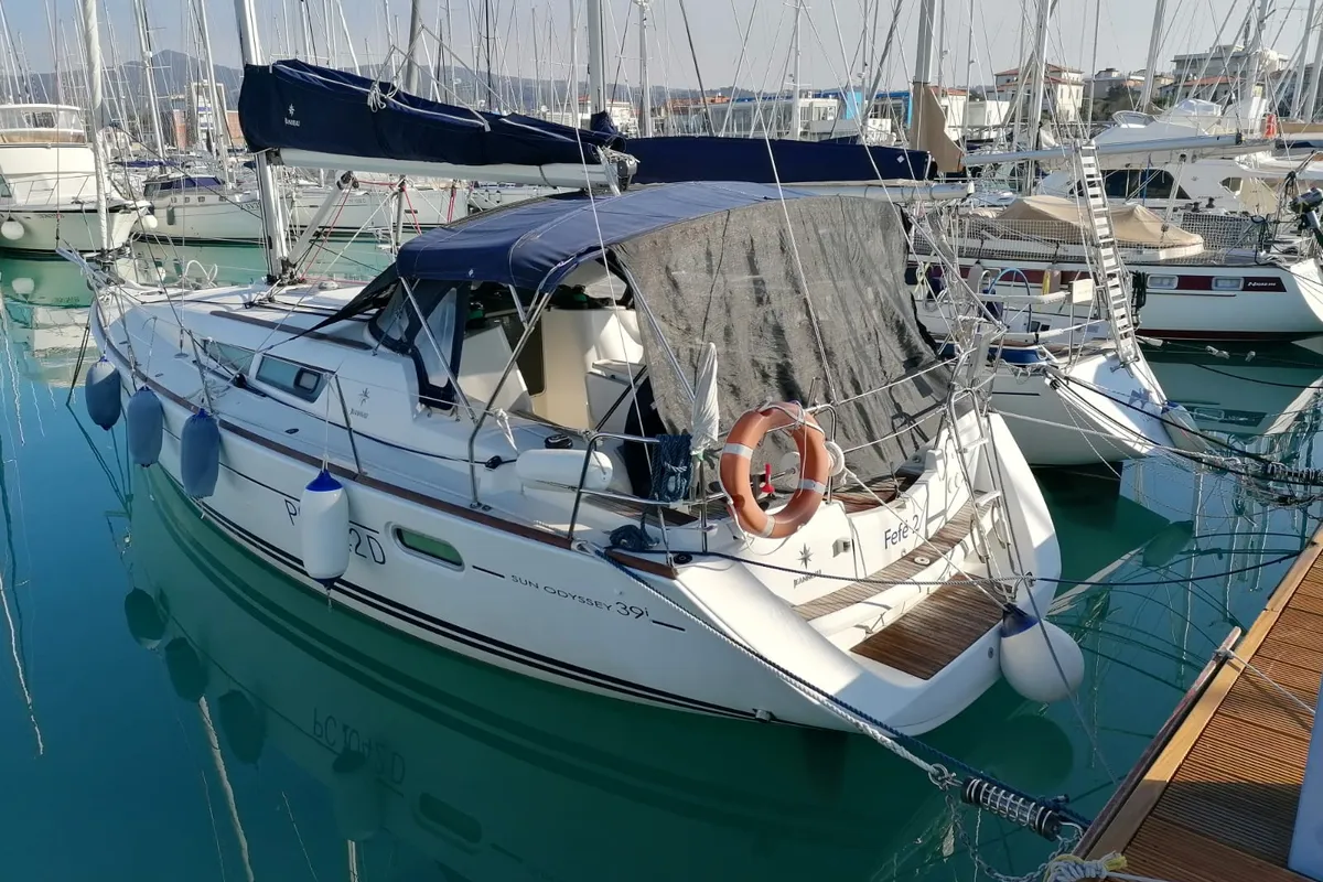 Exterior view of Xenia, a Jeanneau Sun Odyssey 39i sailboat at Piombino, Italy