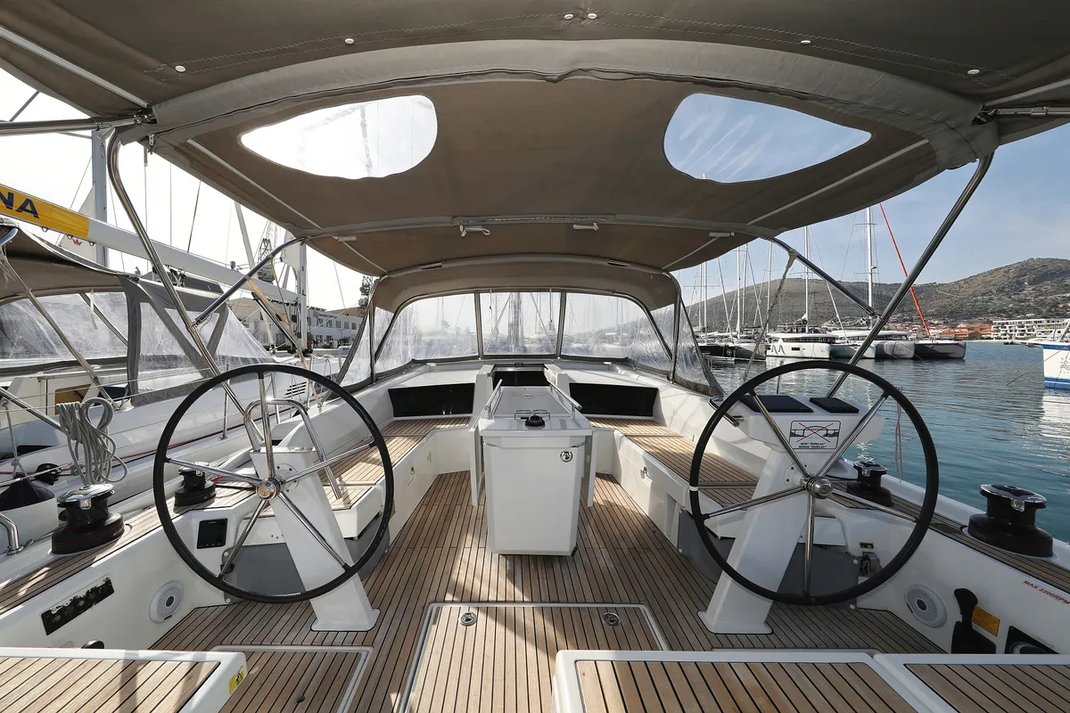 Cockpit of Lambda, a Beneteau Oceanis 46.1 sailboat at Grad Trogir, Croatia