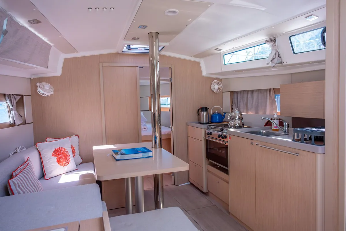 Salon of Triton 89, a Beneteau Oceanis 38.1 sailboat at Fethiye, Turkey