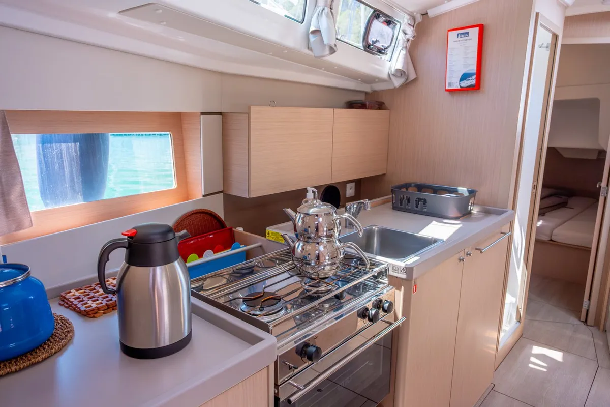 Galley of Triton 89, a Beneteau Oceanis 38.1 sailboat at Fethiye, Turkey