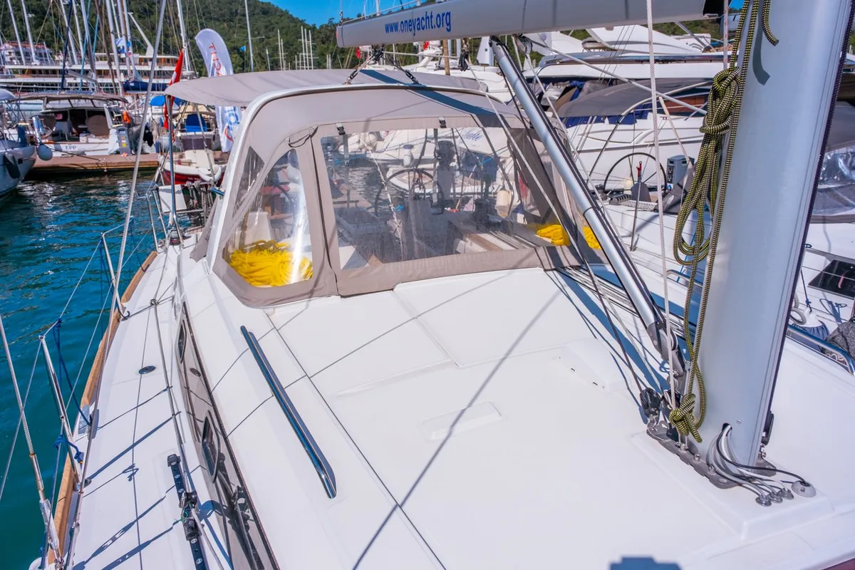 Deck of Triton 89, a Beneteau Oceanis 38.1 sailboat at Fethiye, Turkey