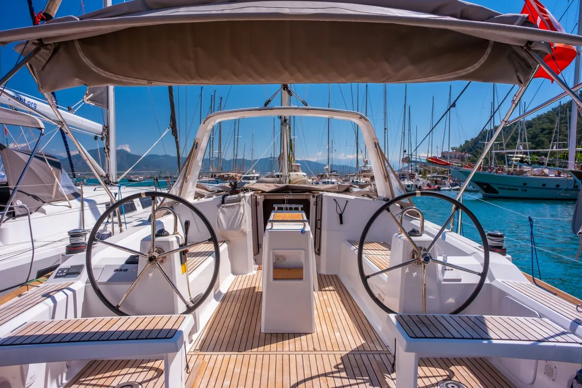 Cockpit of Triton 89, a Beneteau Oceanis 38.1 sailboat at Fethiye, Turkey