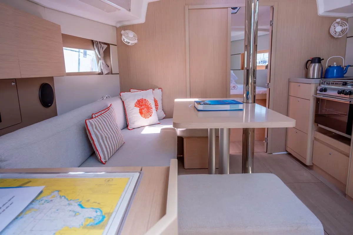 Salon of Triton 89, a Beneteau Oceanis 38.1 sailboat at Fethiye, Turkey