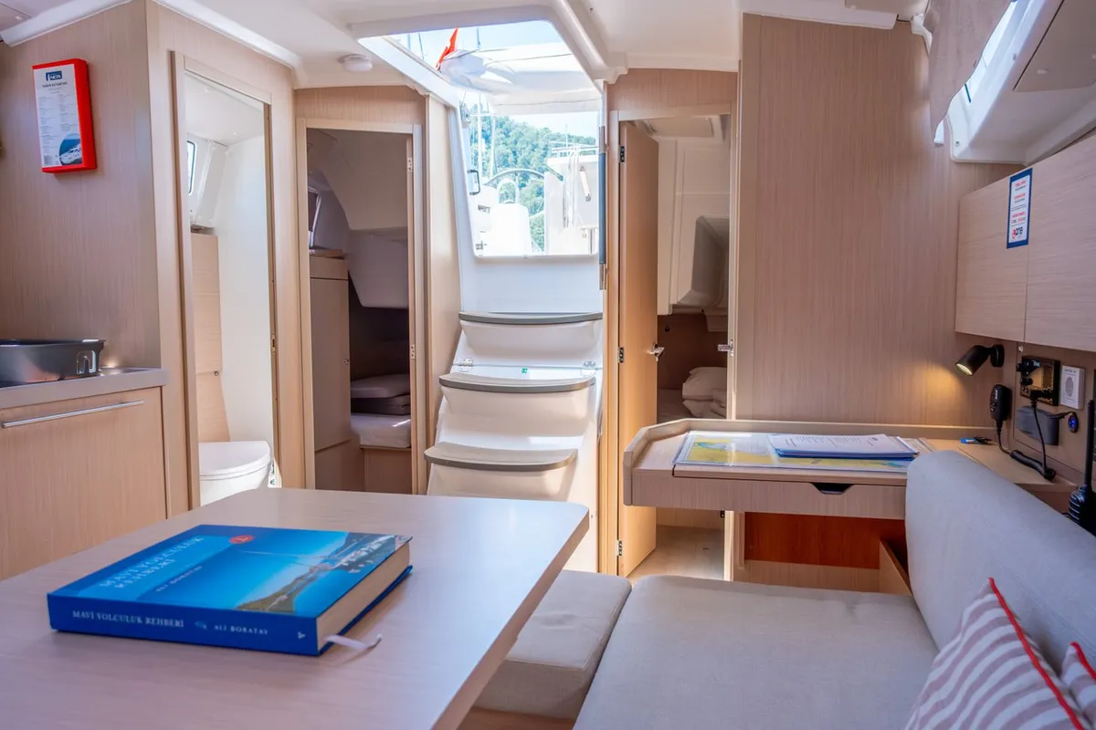 Salon of Triton 89, a Beneteau Oceanis 38.1 sailboat at Fethiye, Turkey