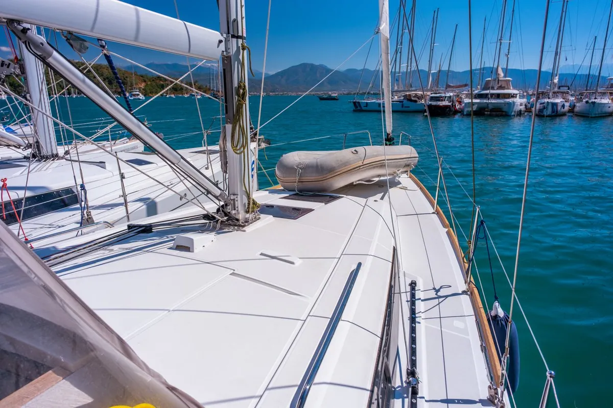Deck of Triton 89, a Beneteau Oceanis 38.1 sailboat at Fethiye, Turkey