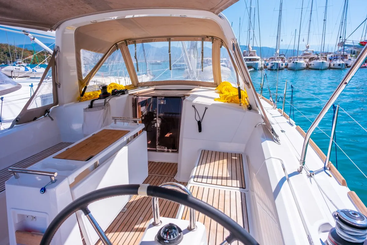 Cockpit of Triton 89, a Beneteau Oceanis 38.1 sailboat at Fethiye, Turkey