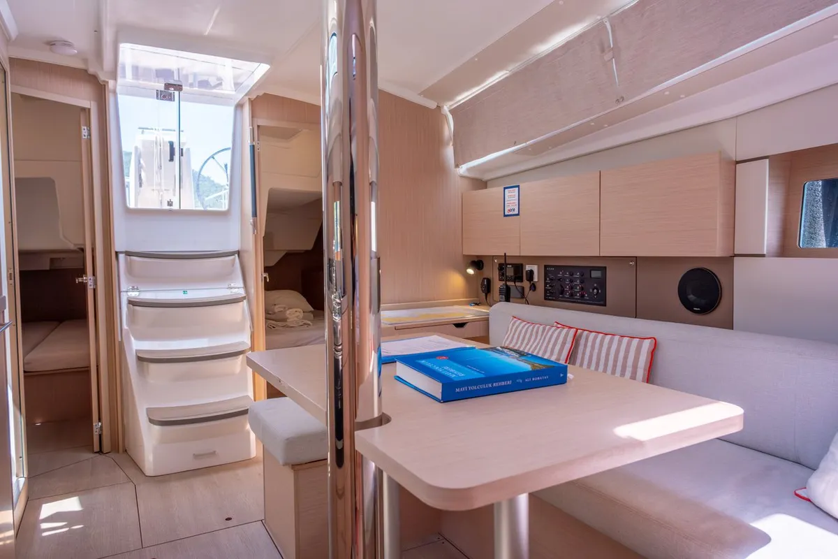 Salon of Triton 89, a Beneteau Oceanis 38.1 sailboat at Fethiye, Turkey