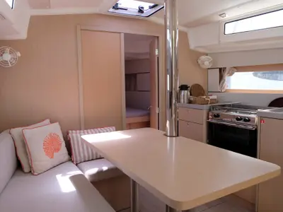 Salon of Triton 89, a Beneteau Oceanis 38.1 sailboat at Fethiye, Turkey