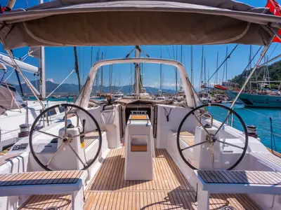 Cockpit of Triton 89, a Beneteau Oceanis 38.1 sailboat at Fethiye, Turkey
