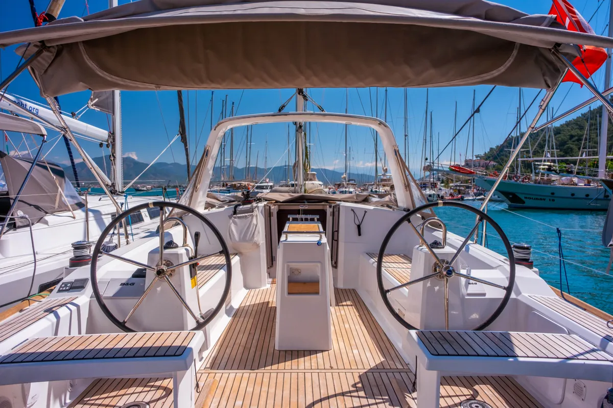 Cockpit of Triton 89, a Beneteau Oceanis 38.1 sailboat at Fethiye, Turkey