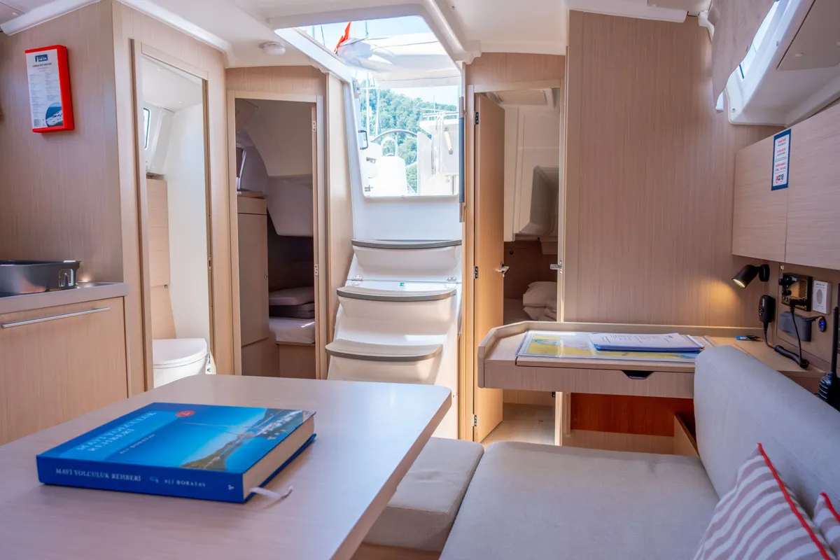 Salon of Triton 89, a Beneteau Oceanis 38.1 sailboat at Fethiye, Turkey