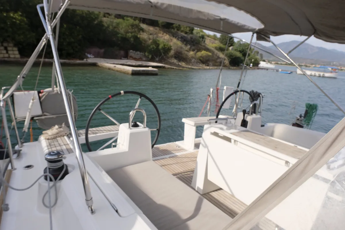 Cockpit of Triton 89, a Beneteau Oceanis 38.1 sailboat at Fethiye, Turkey