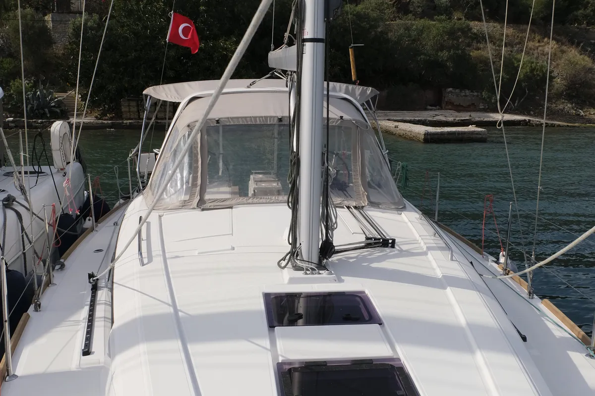 Deck of Triton 89, a Beneteau Oceanis 38.1 sailboat at Fethiye, Turkey