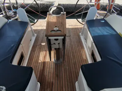 Cockpit of Volante, a Bavaria Cruiser 46 sailboat at Volos, Greece