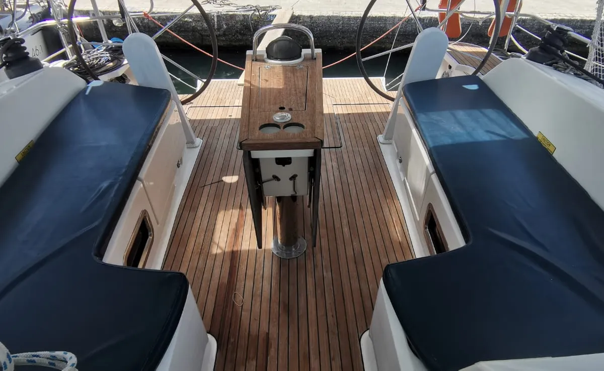 Cockpit of Volante, a Bavaria Cruiser 46 sailboat at Volos, Greece