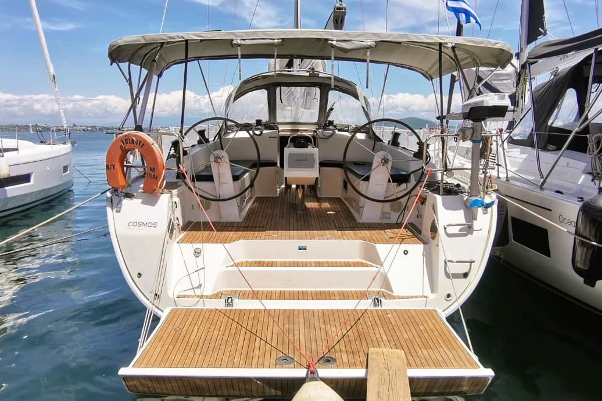 Exterior view of Volante, a Bavaria Cruiser 46 sailboat at Volos, Greece