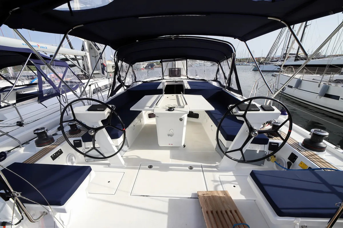 Cockpit of Artemide, a Beneteau Oceanis 51.1 sailboat at Olbia, Italy
