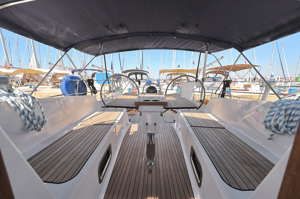 Deck of Hemonaty, a Bavaria Cruiser 41 sailboat at Biograd na Moru, Croatia