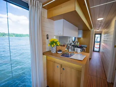 Galley of RedWine, a Woma D13 motorboat at Fürstenberg/Havel, Germany