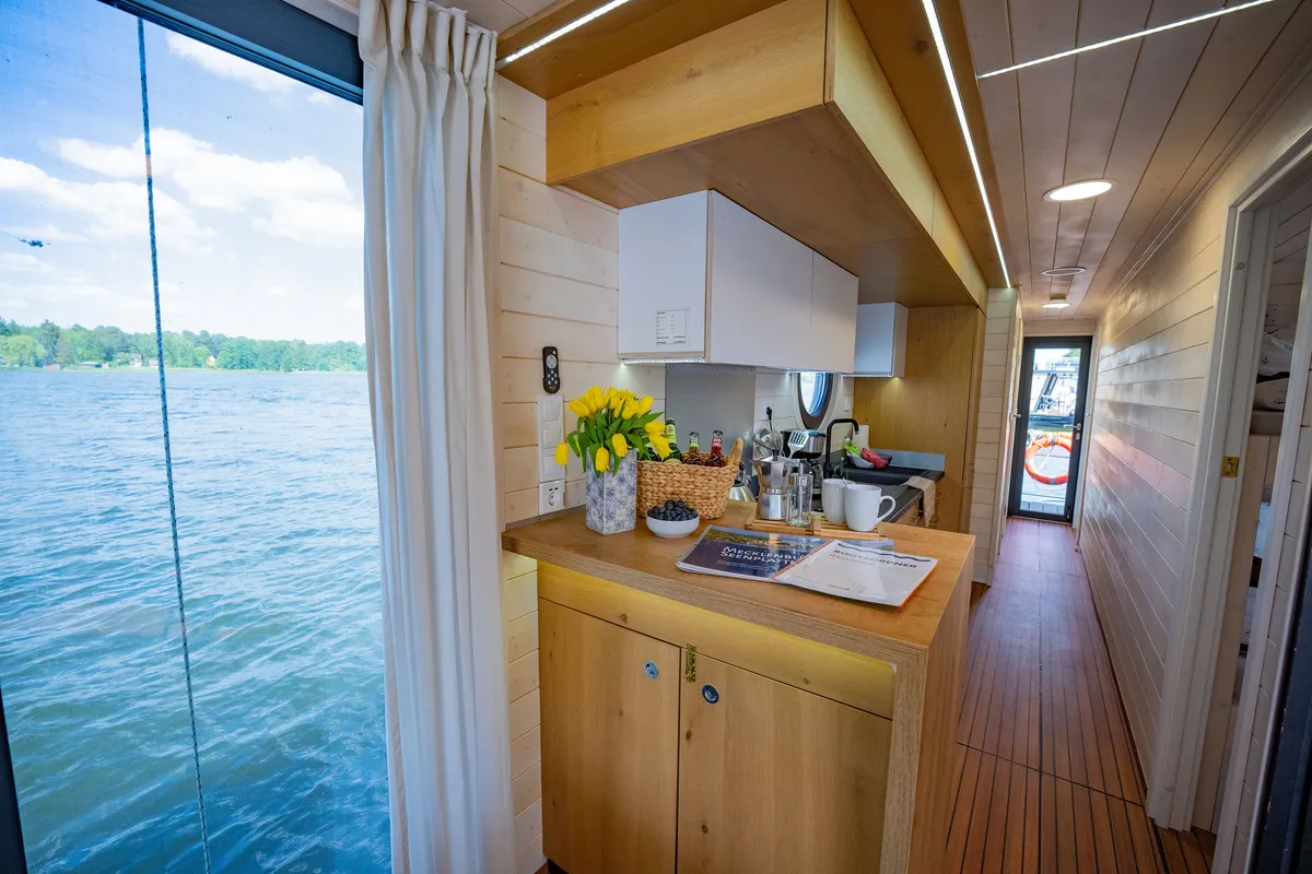 Galley of RedWine, a Woma D13 motorboat at Fürstenberg/Havel, Germany