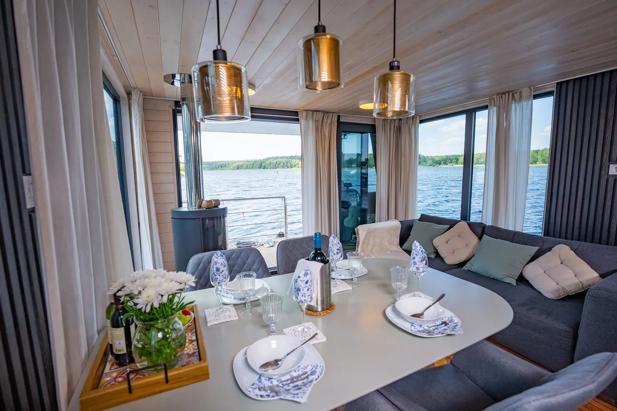 Salon of RedWine, a Woma D13 motorboat at Fürstenberg/Havel, Germany
