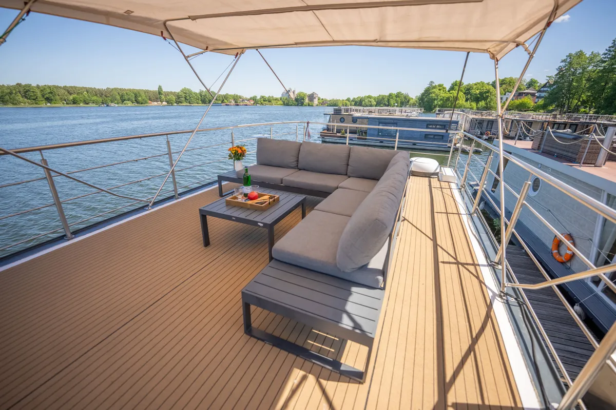 Deck of RedWine, a Woma D13 motorboat at Fürstenberg/Havel, Germany