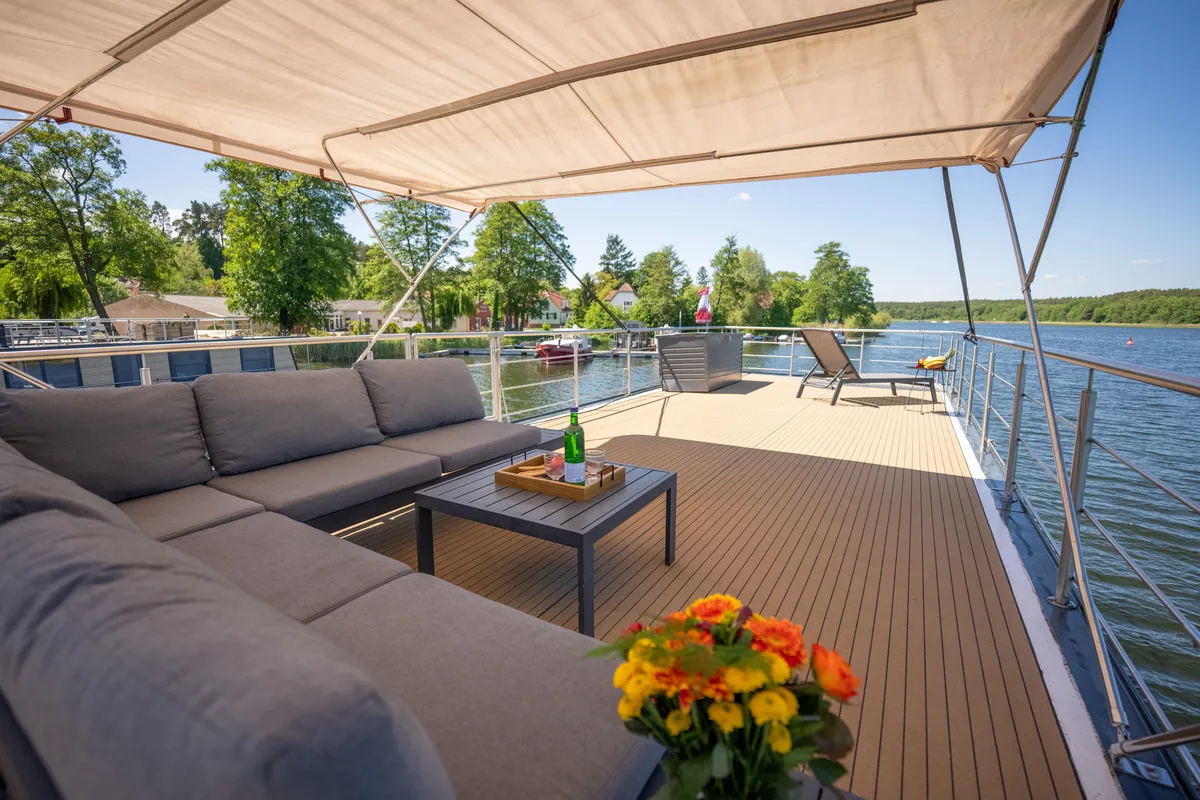 Deck of RedWine, a Woma D13 motorboat at Fürstenberg/Havel, Germany